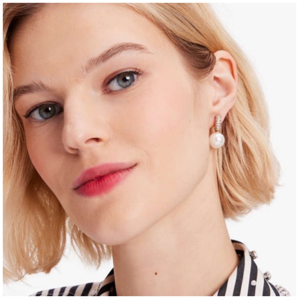 KATE SPADE • Gold Showtime Crystal Drop Huggies Hoop Pearl Earrings - Picture 2 of 4